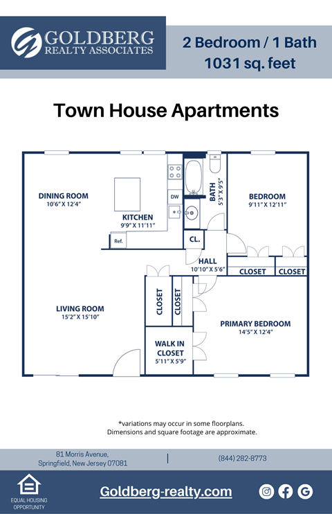 Floor plan for 2 beds, 1 bath, 1031 sqft