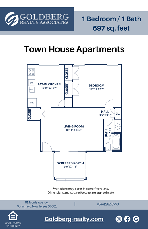 Floor plan for 1 bed, 1 bath, 697 sqft