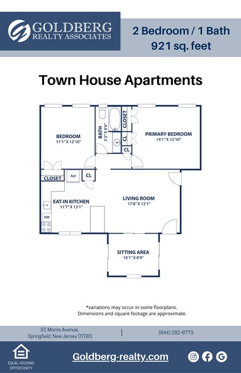 Floor plan for 2 beds, 1 bath, 921 sqft