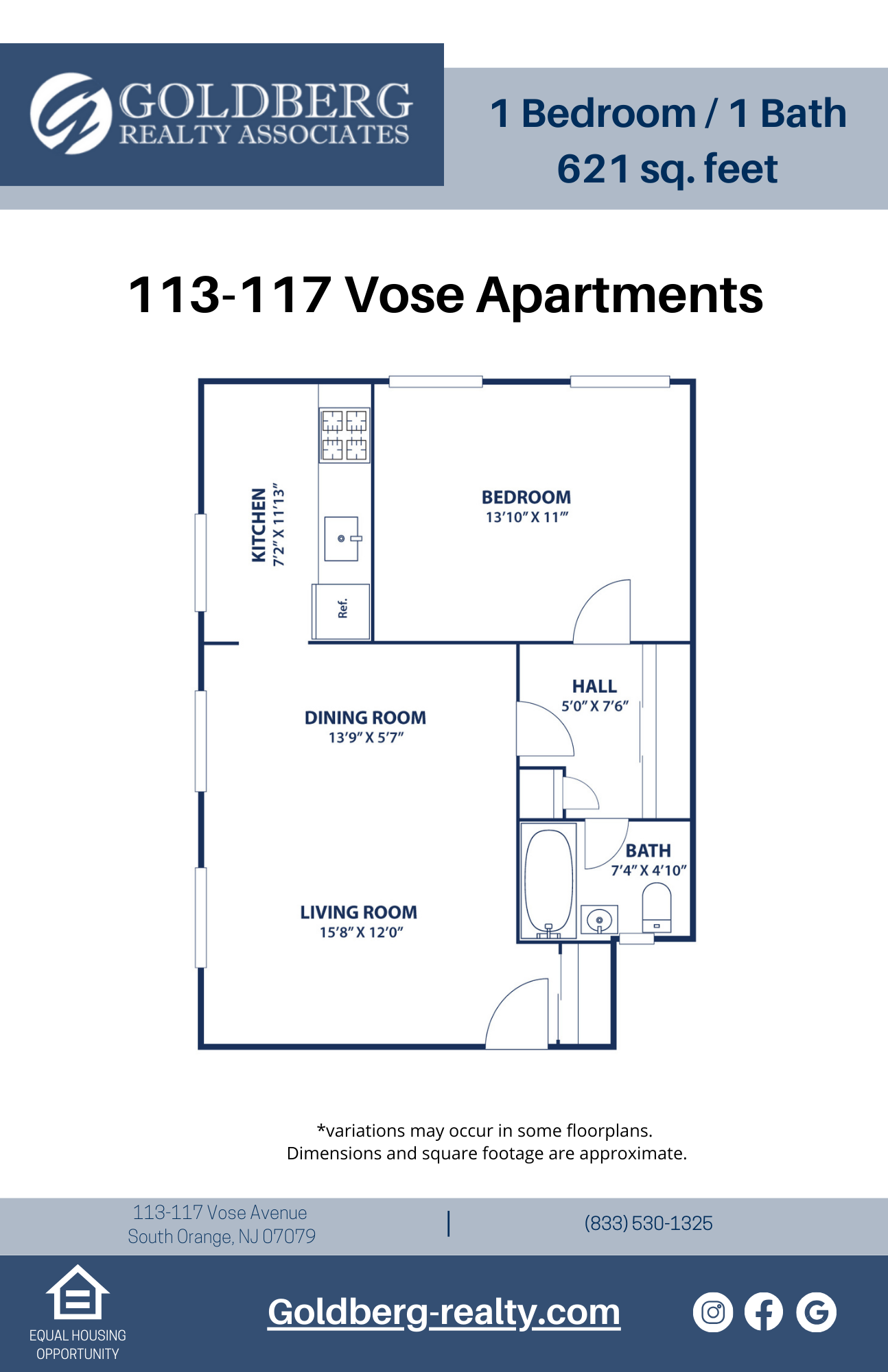 Floor plan for 1 bed, 1 bath, 621 sqft