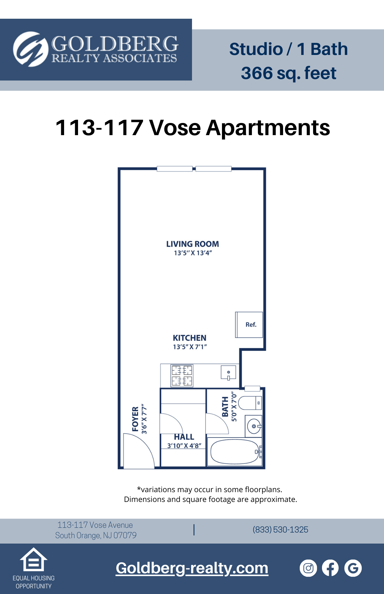 Floor plan for studio, 1 bath, 366 sqft