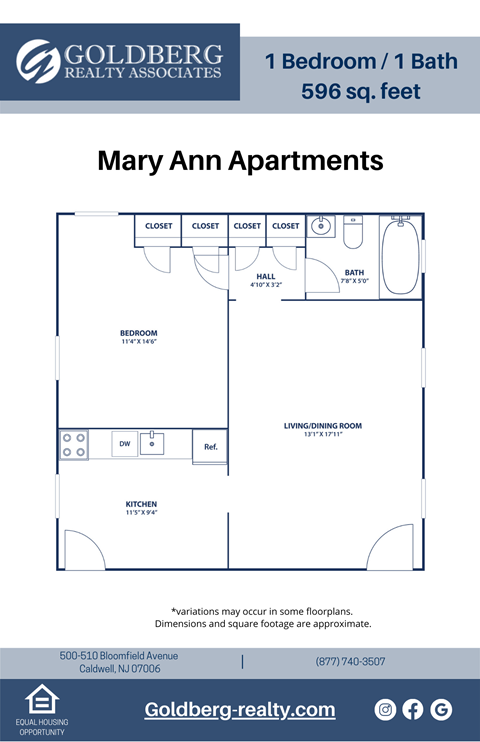 Floor plan for 1 bed, 1 bath, 597 sqft