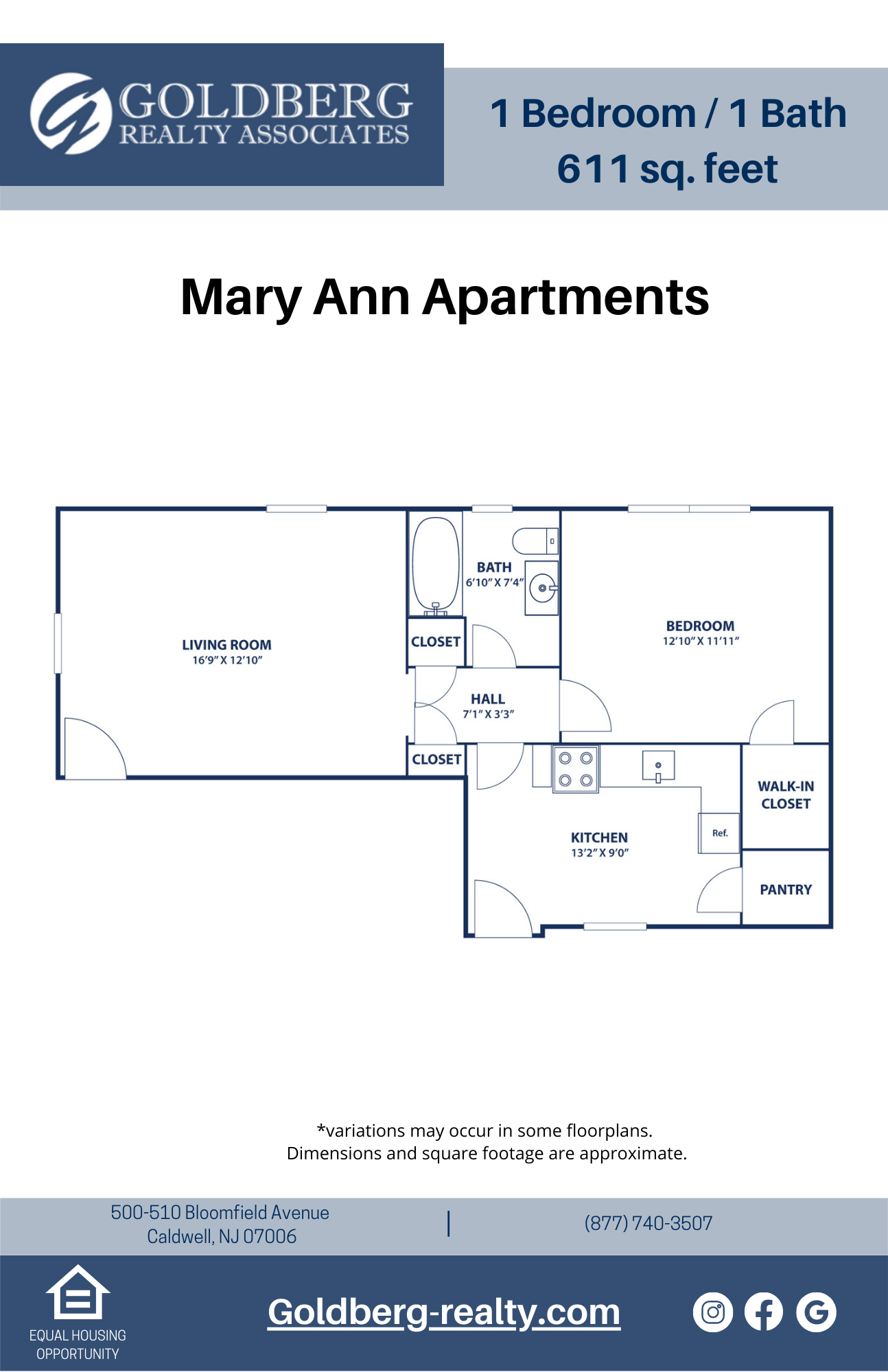 Floor plan for 1 bed, 1 bath, 611 sqft