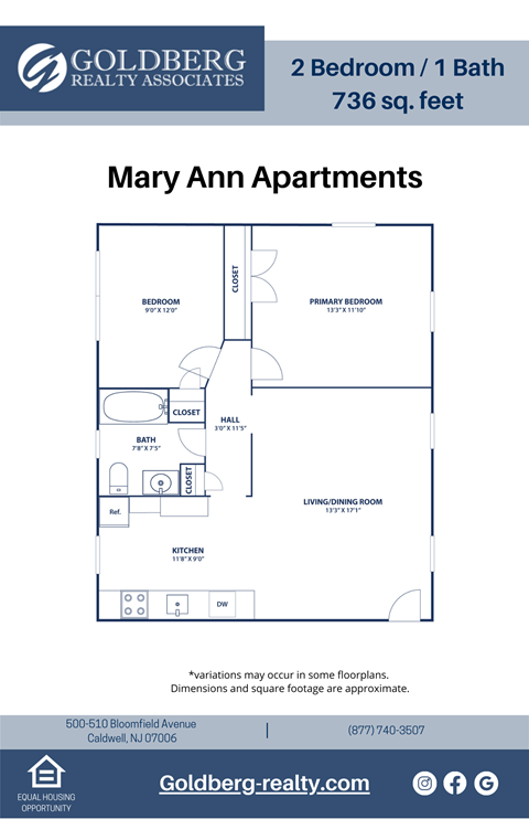 Floor plan for 2 beds, 1 bath, 736 sqft