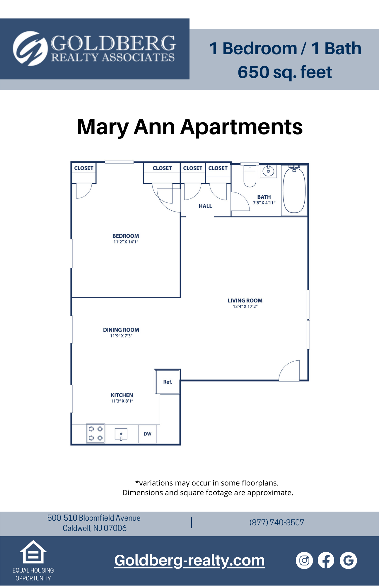 Floor plan for 1 bed, 1 bath, 650 sqft