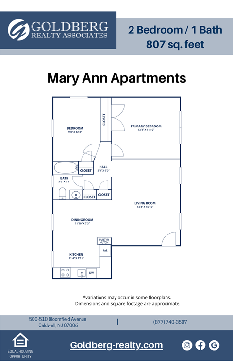 Floor plan for 2 beds, 1 bath, 807 sqft