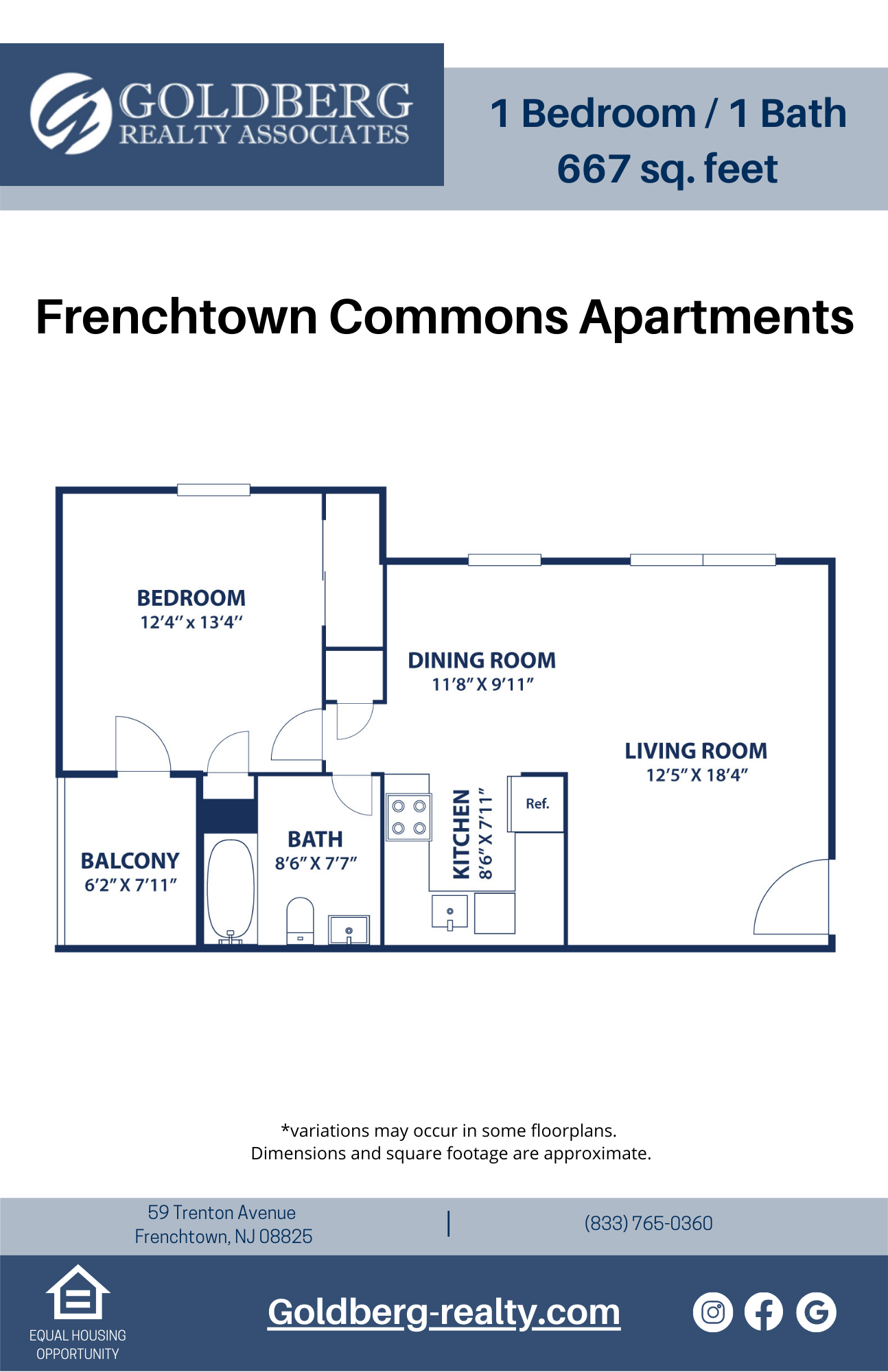 Floor plan for 1 bed, 1 bath, 667 sqft