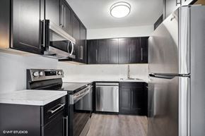 Frenchtown apartment for rent - a kitchen with stainless steel appliances and black cabinets