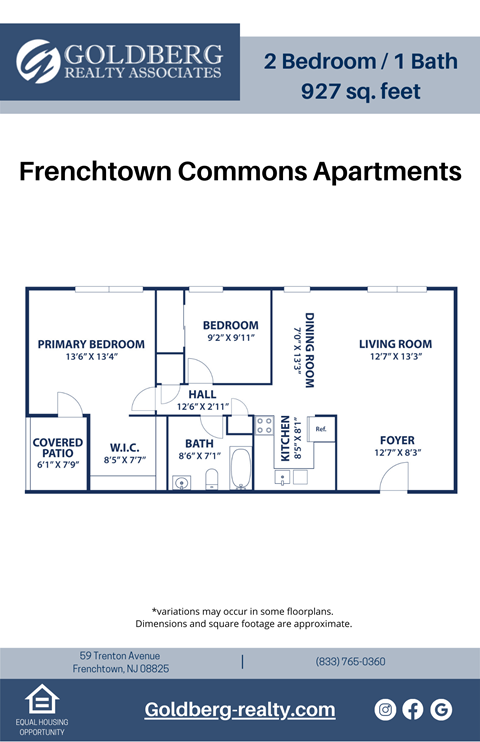 Floor plan for 2 beds, 1 bath, 927 sqft