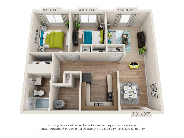 Floor plan for 2 beds, 1 bath, 750 sqft