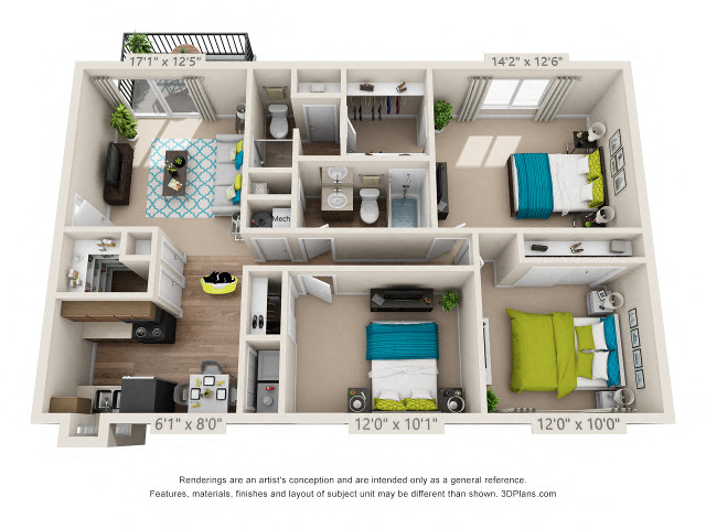 Floor plan for 3 beds, 2 baths, 1185 sqft