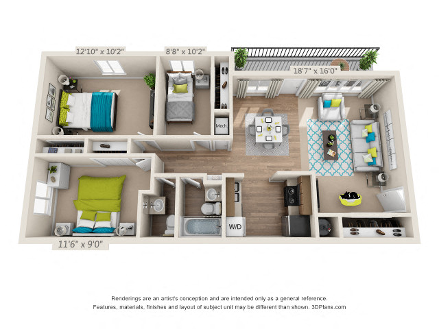 Floor plan for 3 beds, 1.5 baths, 960 sqft