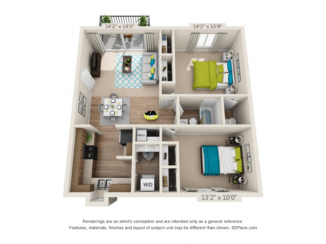 Floor plan for 2 beds, 1.5 baths, 980 sqft