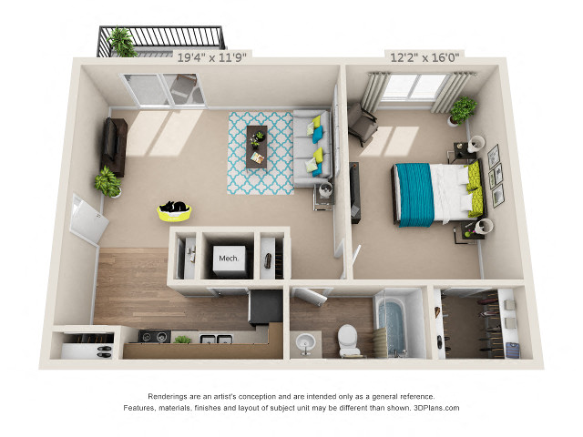 Floor plan for 1 bed, 1 bath, 726 sqft