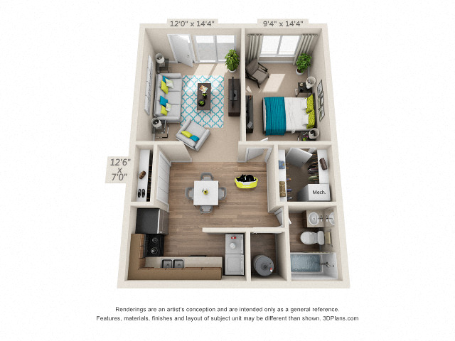 Floor plan for 1 bed, 1 bath, 635 sqft