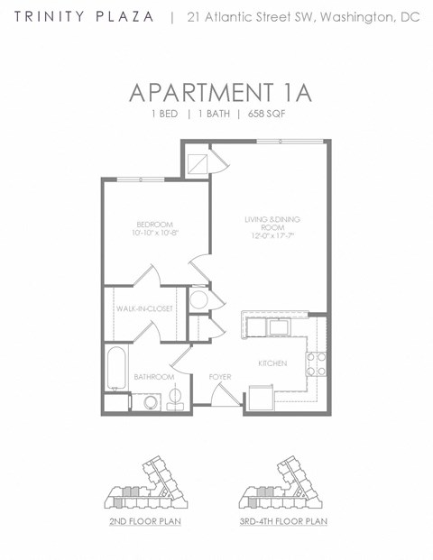 Floor plan for 1 bed, 1 bath, 605 sqft