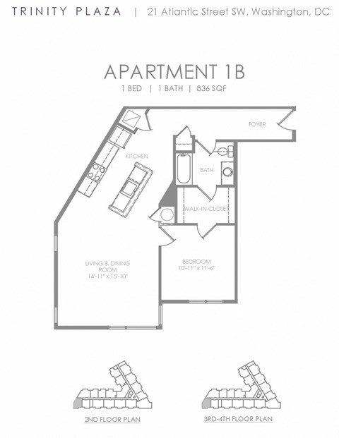 Floor plan for 1 bed, 1 bath, 770 sqft