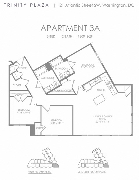 Floor plan for 3 beds, 2 baths, 1222 sqft