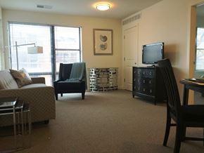 Washington apartment for rent - a living room with a couch and a chair and a television