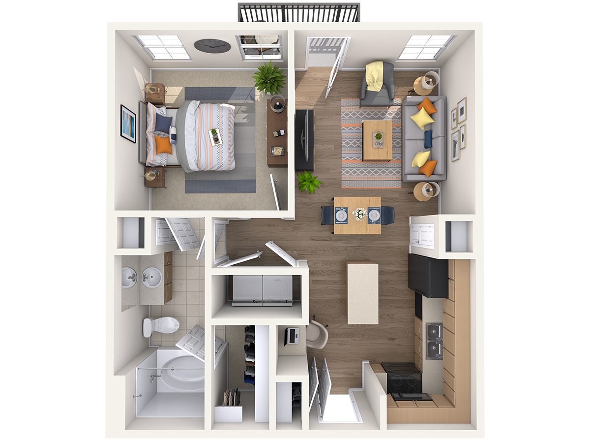 Floor plan for 1 bed, 1 bath, 672 sqft