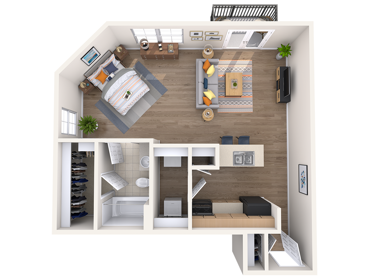 Floor plan for studio, 1 bath, 672 sqft