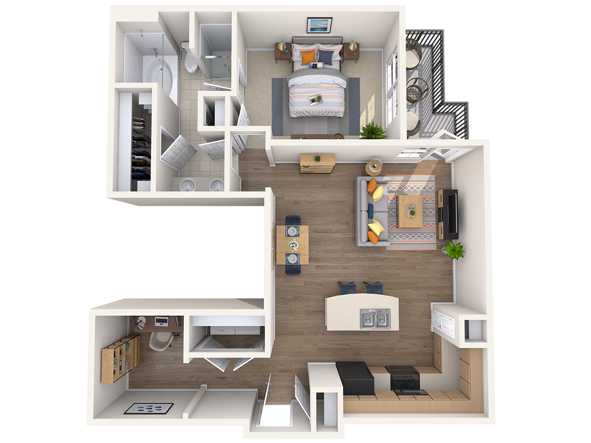 Floor plan for 1 bed, 1 bath, 924 sqft