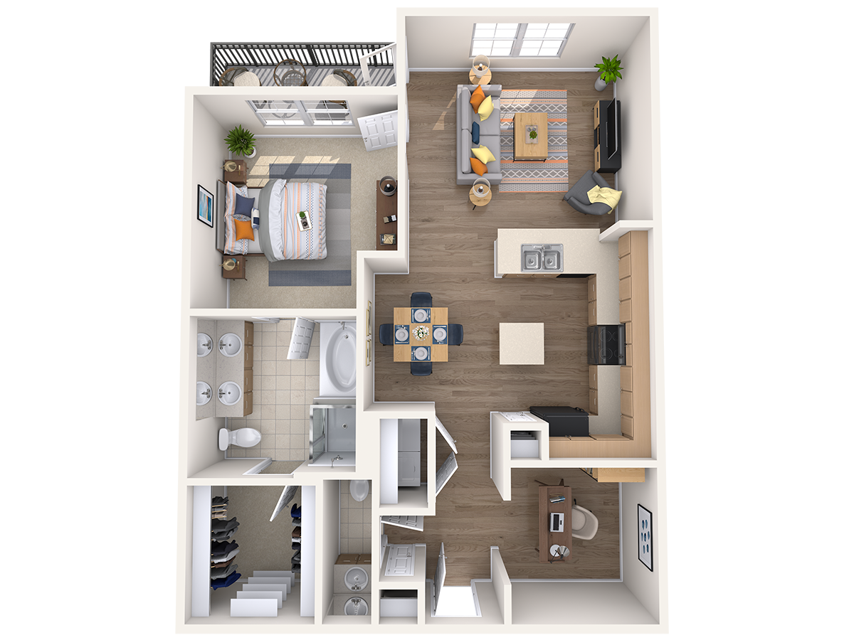 Floor plan for 1 bed, 1.5 baths, 1002 sqft