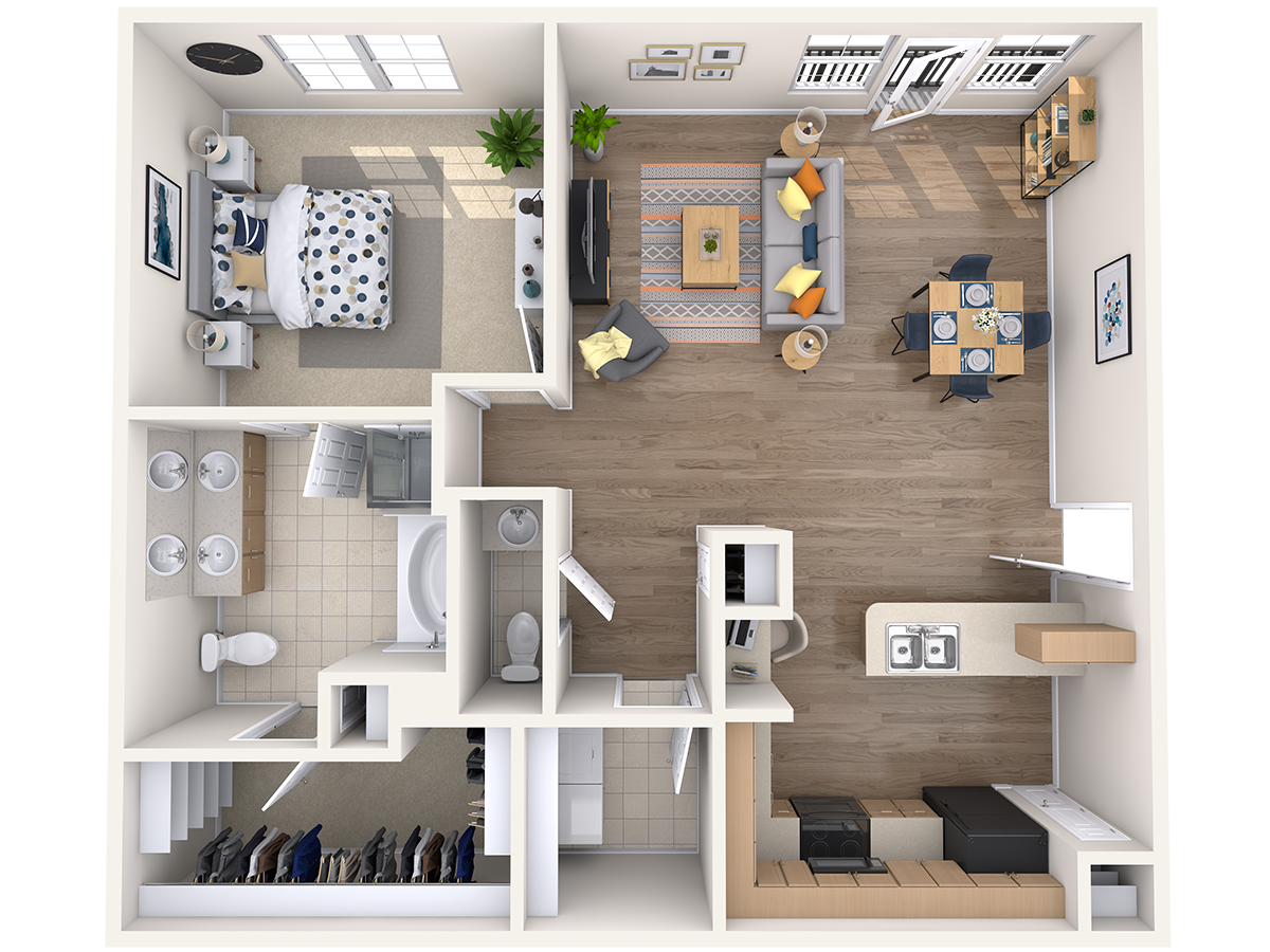 Floor plan for 1 bed, 1.5 baths, 1034 sqft