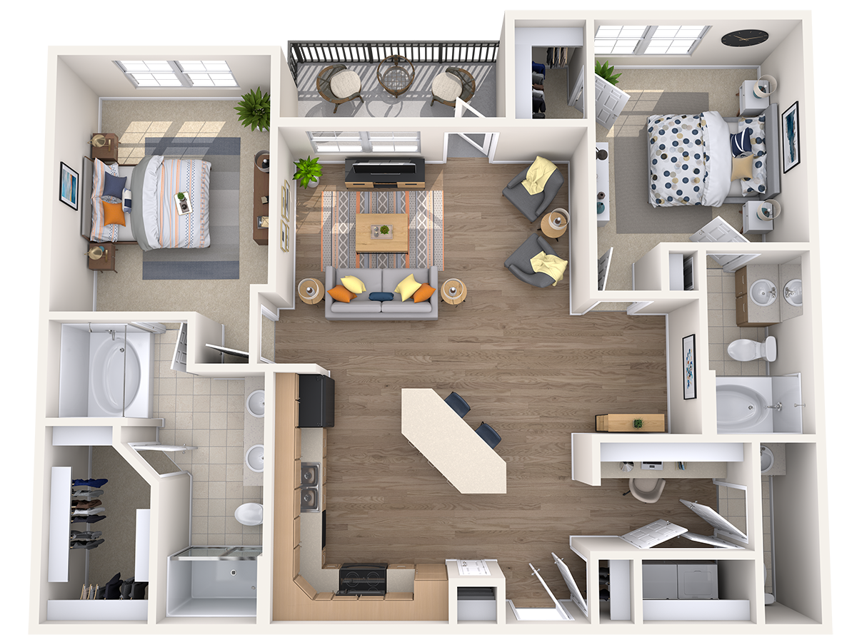 Floor plan for 2 beds, 2.5 baths, 1298 sqft