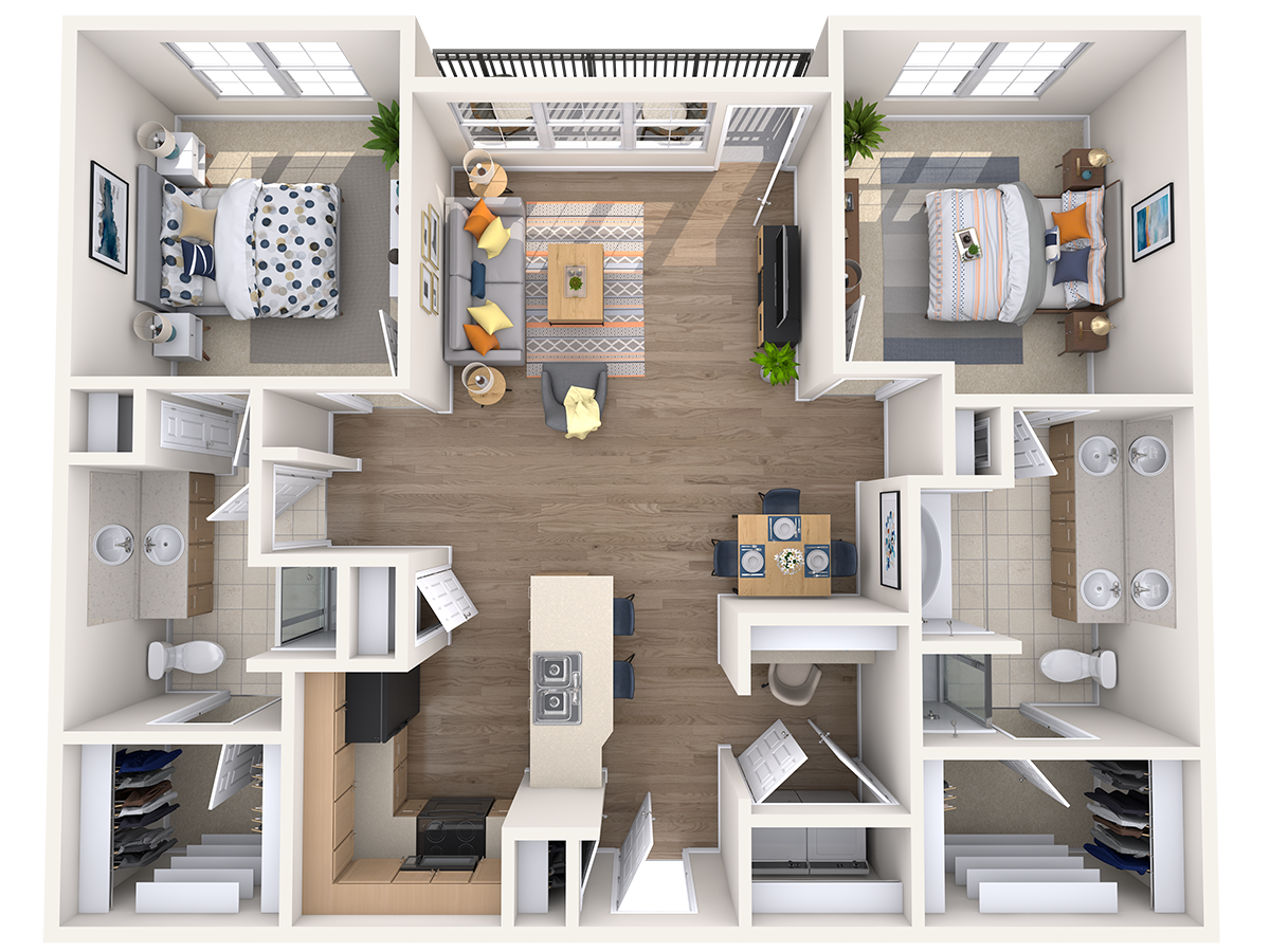 Floor plan for 2 beds, 2 baths, 1300 sqft