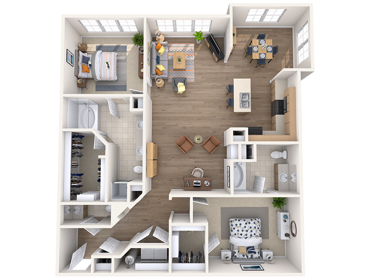 Floor plan for 2 beds, 2.5 baths, 1587 sqft