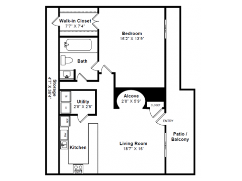 Floor plan for 1 bed, 1 bath, 936 sqft
