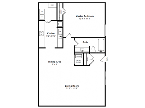 Floor plan for 1 bed, 1 bath, 885 sqft