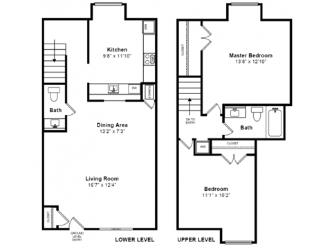 Floor plan for 2 beds, 1.5 baths, 1030 sqft