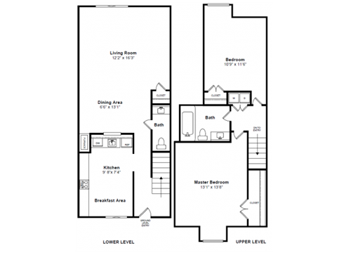 Floor plan for 2 beds, 1.5 baths, 1030 sqft