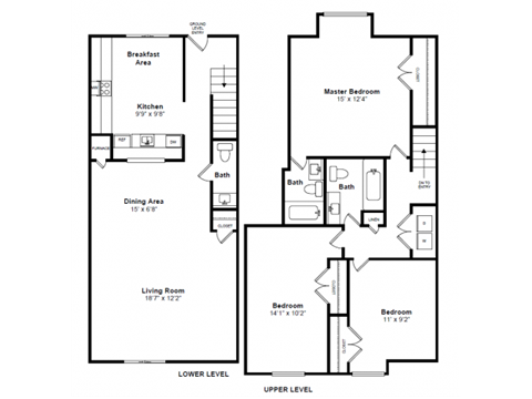 Floor plan for 3 beds, 2.5 baths, 1350 sqft