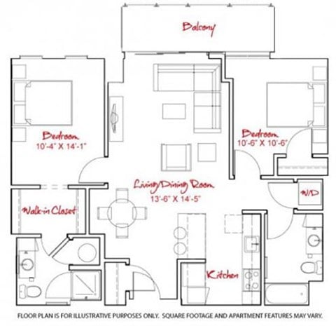Floor plan for 2 beds, 2 baths, 1198 sqft