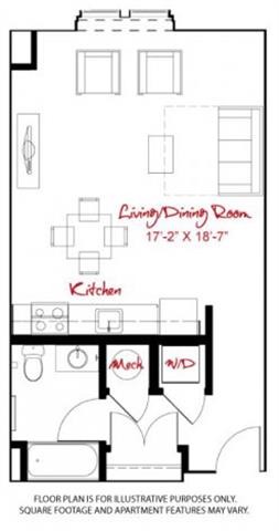 Floor plan for studio, 1 bath, 655 sqft