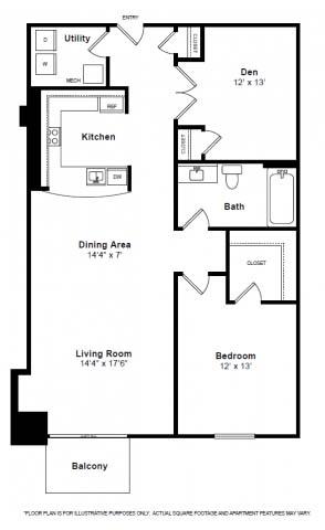 Floor plan for 1 bed, 1 bath, 1174 sqft