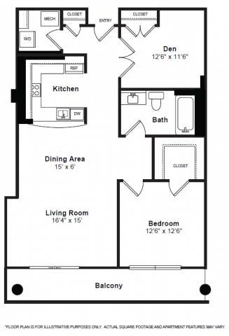 Floor plan for 1 bed, 1 bath, 1106 sqft