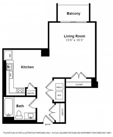 Floor plan for studio, 1 bath, 626 sqft