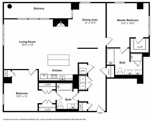 Floor plan for 2 beds, 2 baths, 1854 sqft