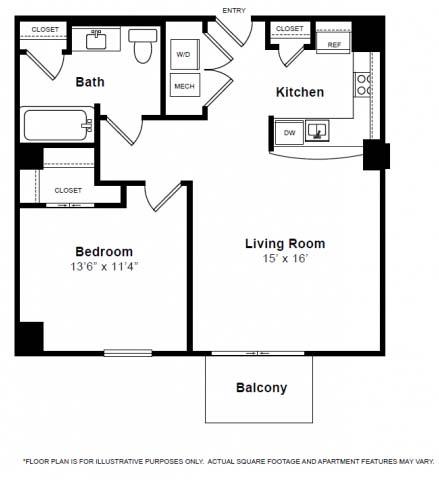 Floor plan for 1 bed, 1 bath, 804 sqft