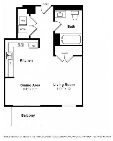 Floor plan for studio, 1 bath, 521 sqft