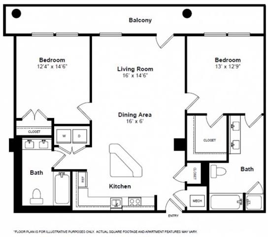 Floor plan for 2 beds, 2 baths, 1290 sqft