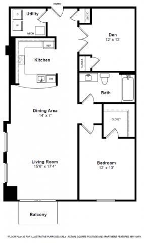 Floor plan for 1 bed, 1 bath, 1158 sqft