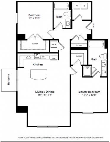 Floor plan for 2 beds, 2 baths, 1365 sqft