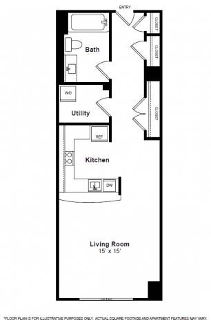 Floor plan for studio, 1 bath, 615 sqft