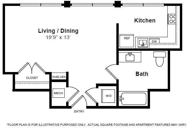Floor plan for studio, 1 bath, 500 sqft