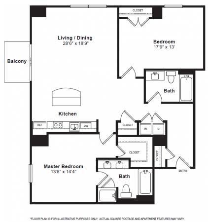Floor plan for 2 beds, 2 baths, 1384 sqft